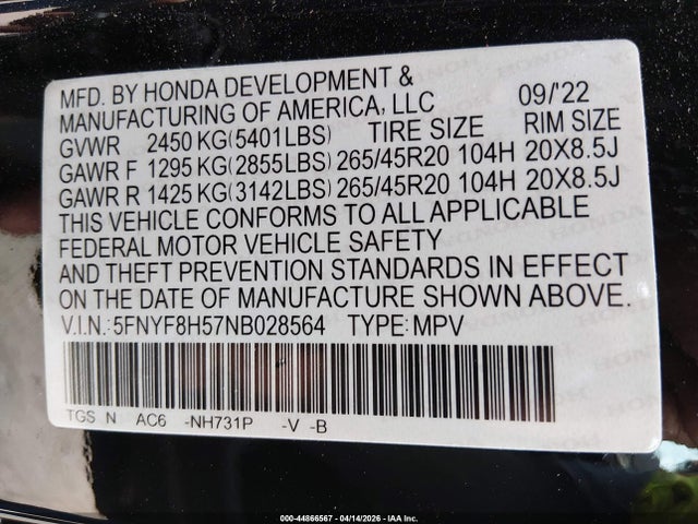 44866567 :رقم المزاد ، 5FNYF8H57NB028564 vin ، 2022 Honda Passport Awd Ex-l مزاد بيع