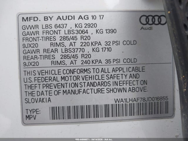 Продажа на аукционе авто 2018 Audi Q7 2.0t Premium, vin: WA1LHAF78JD016855, номер лота: 44866571