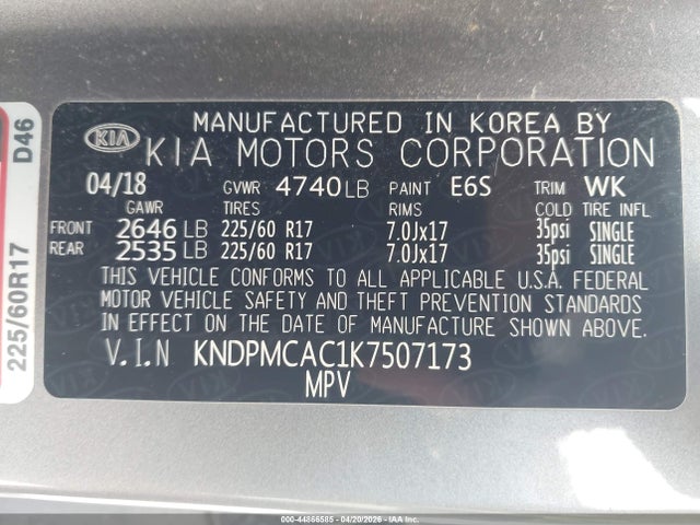 Продажа на аукционе авто 2019 Kia Sportage Lx, vin: KNDPMCAC1K7507173, номер лота: 44866585