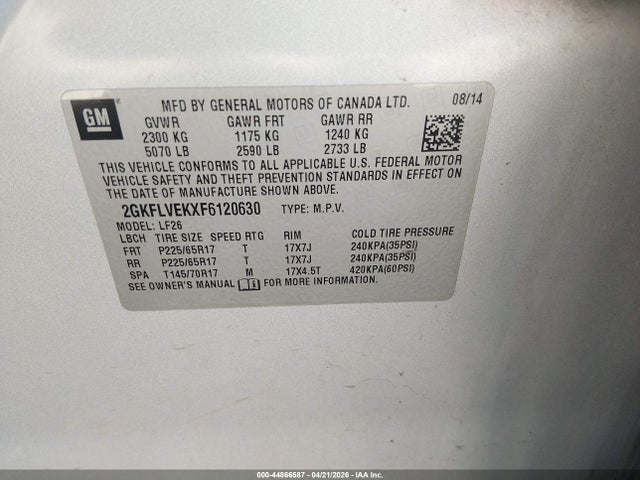 Aukcja sprzedaży 2015 Gmc Terrain Sle-1, vin: 2GKFLVEKXF6120630, numer aukcji: 44866587
