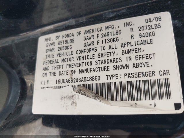 Продаж на аукціоні авто 2006 Acura Tl, vin: 19UUA66246A048860, номер лоту: 44866589