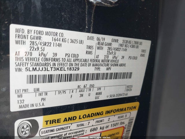 44866598 :رقم المزاد ، 5LMJJ3LT3KEL18329 vin ، 2019 Lincoln Navigator L Reserve مزاد بيع