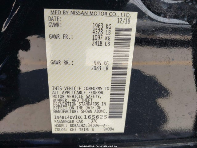 44866599 :رقم المزاد ، 1N4BL4DV1KC165625 vin ، 2019 Nissan Altima 2.5 Sv مزاد بيع