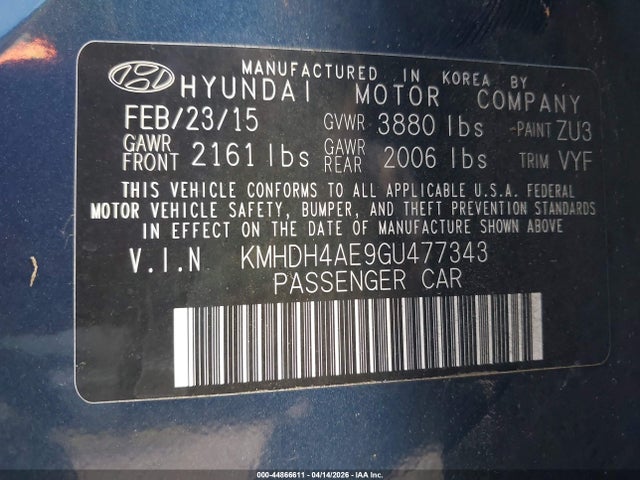 Продаж на аукціоні авто 2016 Hyundai Elantra Se, vin: KMHDH4AE9GU477343, номер лоту: 44866611