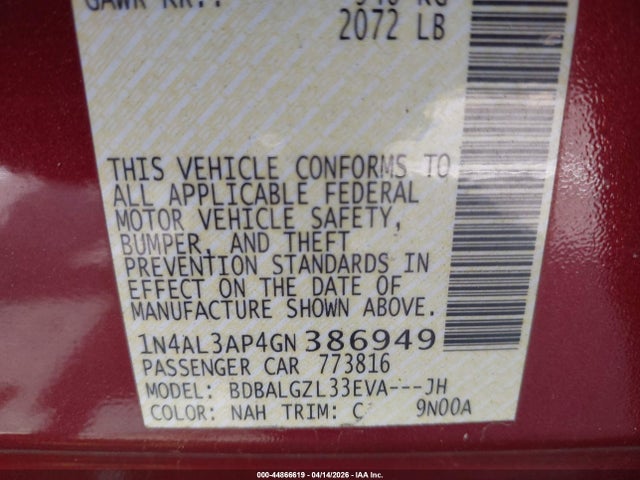 44866619 :رقم المزاد ، 1N4AL3AP4GN386949 vin ، 2016 Nissan Altima 2.5 S مزاد بيع
