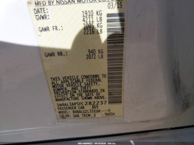 Aukcja sprzedaży 2015 Nissan Altima 2.5 S, vin: 1N4AL3AP5FC282237, numer aukcji: 44866622