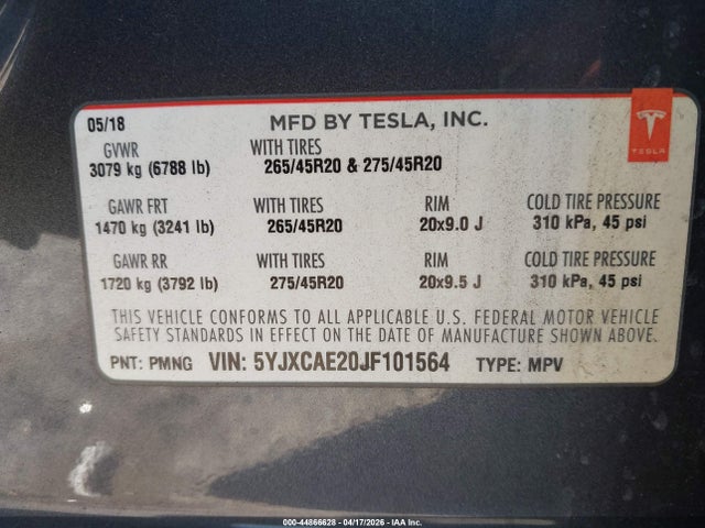 Tesla Model X 100d/75d/p100d 2018 5YJXCAE20JF101564 Image 9