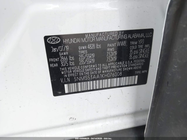 44866629 :رقم المزاد ، 5NMS53AA1KH076008 vin ، 2019 Hyundai Santa Fe Limited 2.0t مزاد بيع