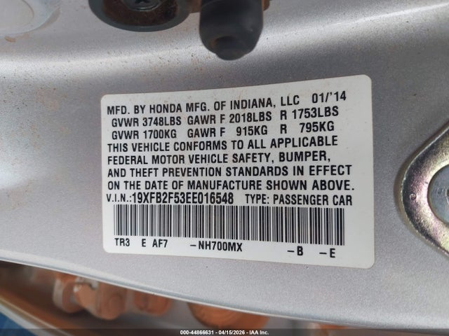 44866631 :رقم المزاد ، 19XFB2F53EE016548 vin ، 2014 Honda Civic Lx مزاد بيع