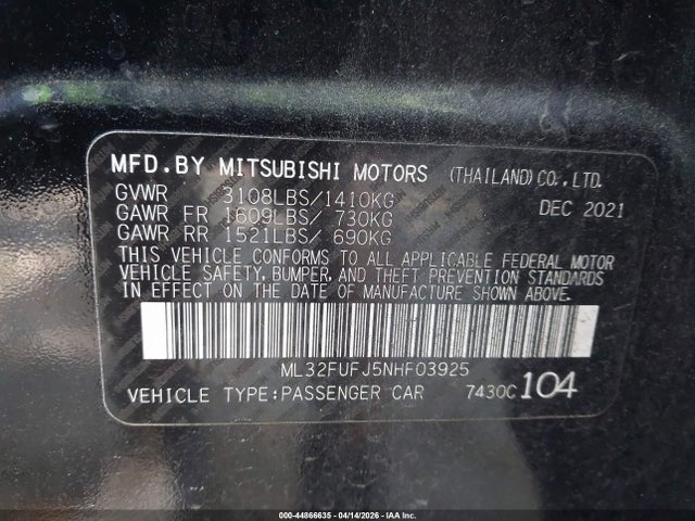 Продажа на аукционе авто 2022 Mitsubishi Mirage G4 Es, vin: ML32FUFJ5NHF03925, номер лота: 44866635