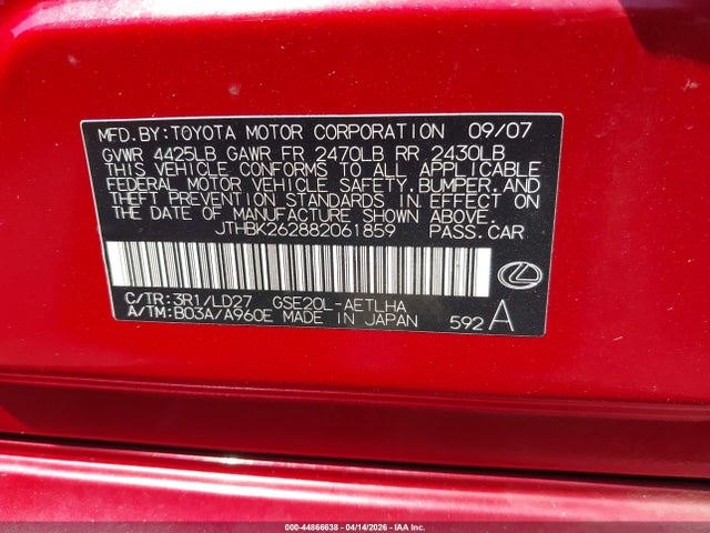 Продажа на аукционе авто 2008 Lexus Is 250, vin: JTHBK262882061859, номер лота: 44866638