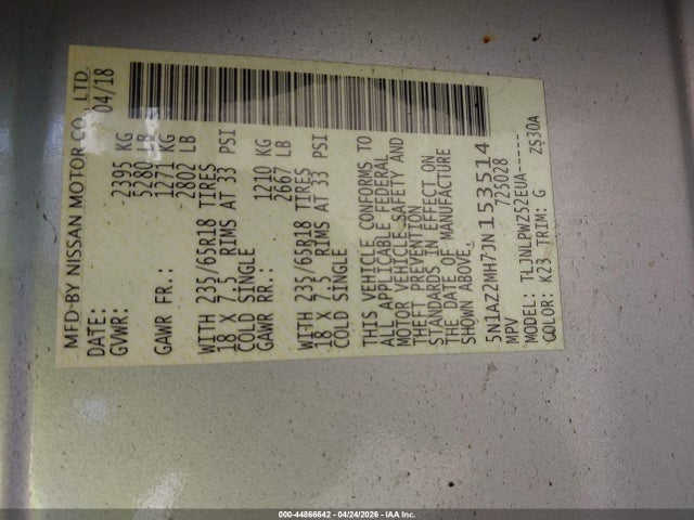 44866642 :رقم المزاد ، 5N1AZ2MH7JN153514 vin ، 2018 Nissan Murano S مزاد بيع