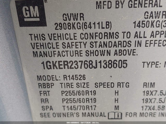Aukcja sprzedaży 2008 Gmc Acadia Slt-1, vin: 1GKER23768J138605, numer aukcji: 44866643