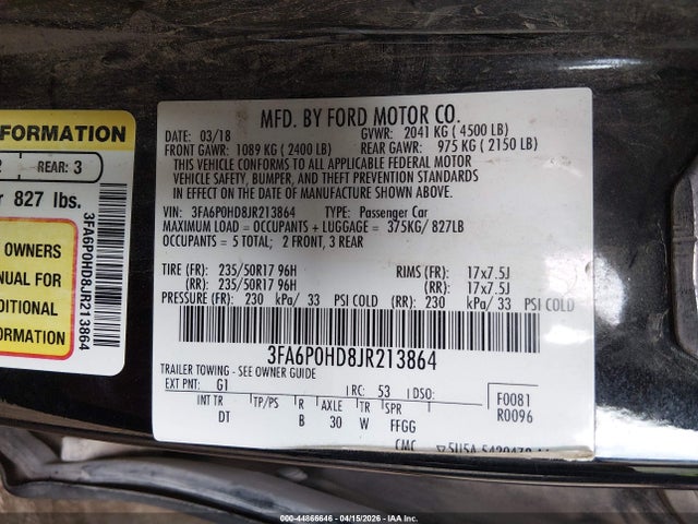 Aukcja sprzedaży 2018 Ford Fusion Se, vin: 3FA6P0HD8JR213864, numer aukcji: 44866646
