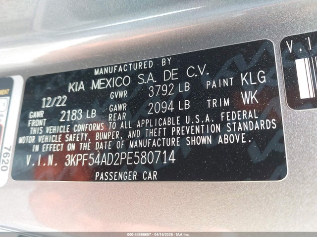 Продажа на аукционе авто 2023 Kia Forte Gt-line, vin: 3KPF54AD2PE580714, номер лота: 44866657