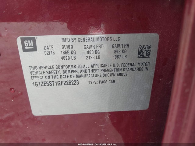 Aukcja sprzedaży 2016 Chevrolet Malibu 1lt, vin: 1G1ZE5ST1GF226223, numer aukcji: 44866661