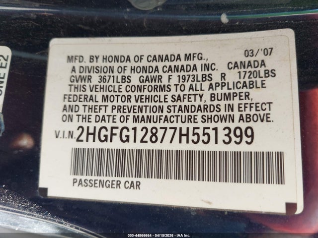 44866664 :رقم المزاد ، 2HGFG12877H551399 vin ، 2007 Honda Civic Ex مزاد بيع