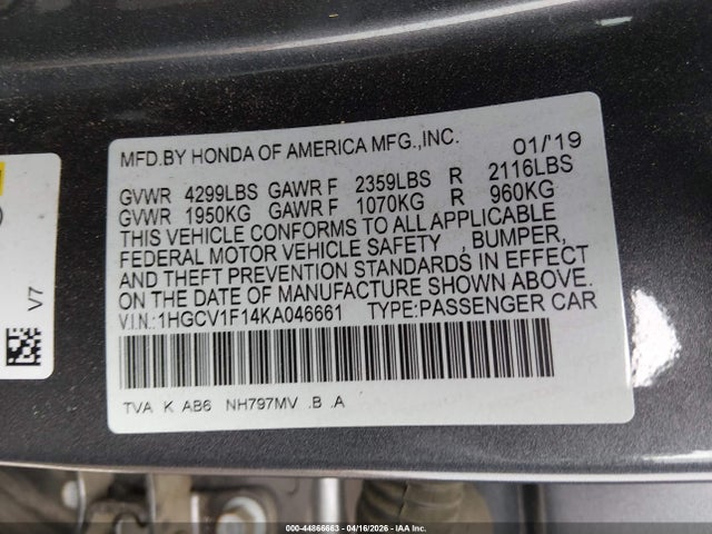 Aukcja sprzedaży 2019 Honda Accord Lx, vin: 1HGCV1F14KA046661, numer aukcji: 44866663