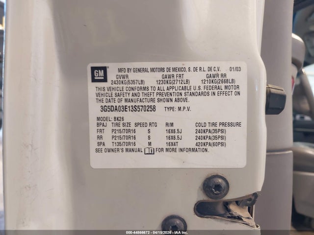 Aukcja sprzedaży 2003 Buick Rendezvous Cxl, vin: 3G5DA03E13S570258, numer aukcji: 44866672
