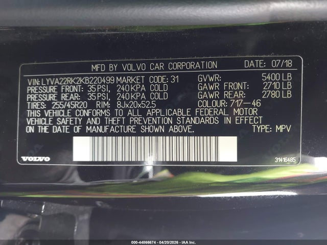 LYVA22RK2KB220499 Volvo Xc60 T6 Momentum