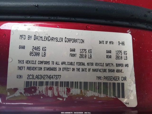 Продаж на аукціоні авто 2007 Chrysler 300c, vin: 2C3LA63H27H647377, номер лоту: 44866679