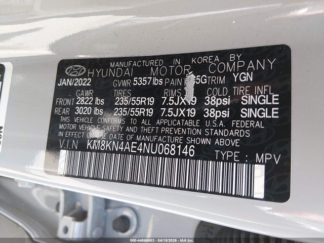 2022 Hyundai Ioniq 5 Sel მანქანა იყიდება აუქციონზე, vin: KM8KN4AE4NU068146, აუქციონის ნომერი: 44866683