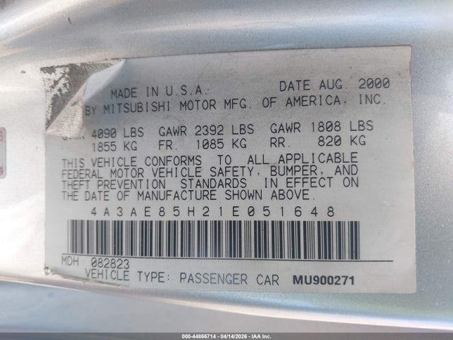 Продаж на аукціоні авто 2001 Mitsubishi Eclipse Spyder Gt, vin: 4A3AE85H21E051648, номер лоту: 44866714
