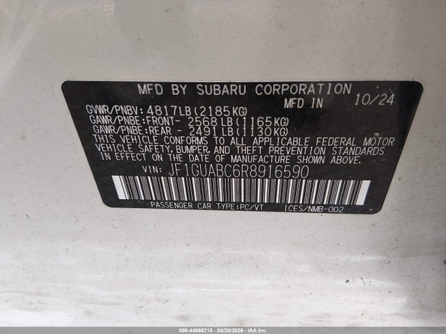 44866715 :رقم المزاد ، JF1GUABC6R8916590 vin ، 2024 Subaru Impreza Base 5-door مزاد بيع