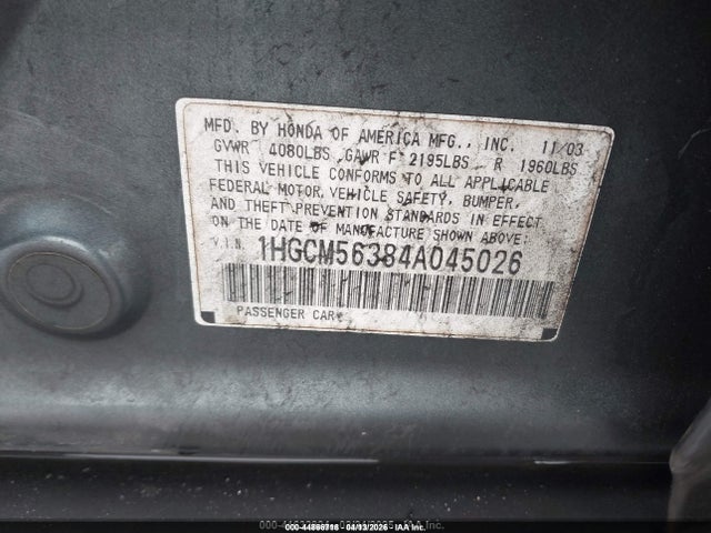 2004 Honda Accord 2.4 Lx მანქანა იყიდება აუქციონზე, vin: 1HGCM56384A045026, აუქციონის ნომერი: 44866718