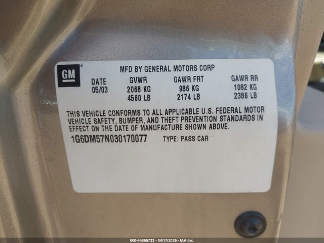 2003 Cadillac Cts Standard მანქანა იყიდება აუქციონზე, vin: 1G6DM57N030170077, აუქციონის ნომერი: 44866733
