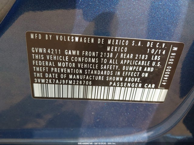 2015 Volkswagen Jetta 2.0l S მანქანა იყიდება აუქციონზე, vin: 3VW2K7AJ9FM226706, აუქციონის ნომერი: 44866746