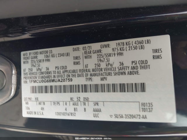 Продаж на аукціоні авто 2021 Ford Escape Se, vin: 1FMCU0G68MUA20759, номер лоту: 44866764