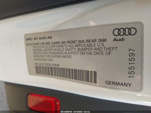 44866766 :رقم المزاد ، WAUDACF56RA105648 vin ، 2024 Audi A5 Sportback Premium 45 Tfsi S Line Quattro S Tronic مزاد بيع