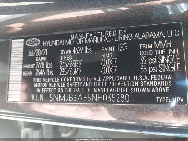 Продажа на аукционе авто 2022 Hyundai Tucson Sel, vin: 5NMJB3AE5NH035280, номер лота: 44866771