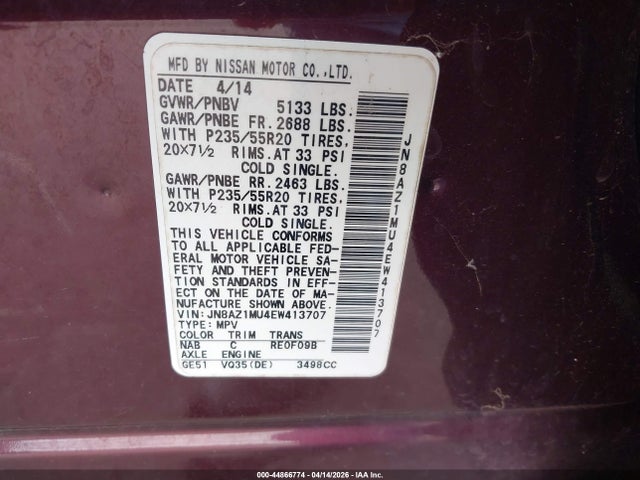 Aukcja sprzedaży 2014 Nissan Murano Le/s/sl/sv, vin: JN8AZ1MU4EW413707, numer aukcji: 44866774