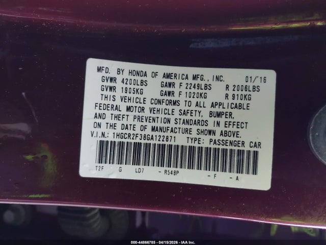 Продажа на аукционе авто 2016 Honda Accord Lx, vin: 1HGCR2F38GA122871, номер лота: 44866785