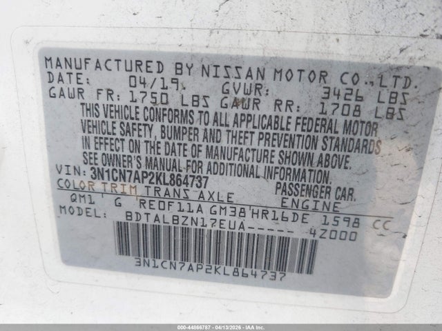 Nissan Versa 1.6 Sv 2019 3N1CN7AP2KL864737 Image 9