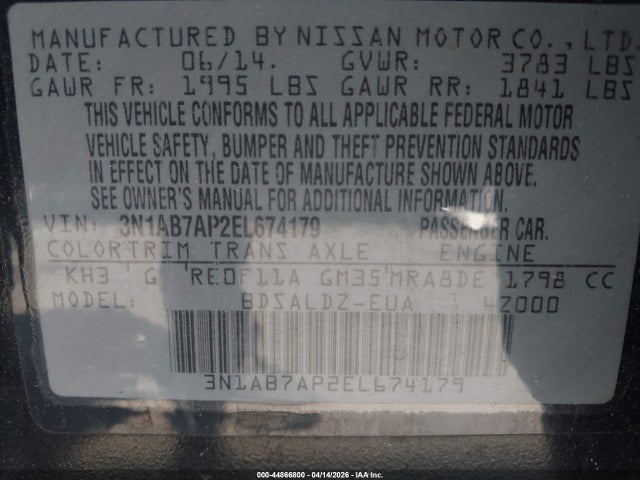 Aukcja sprzedaży 2014 Nissan Sentra Fe+ S/fe+ Sv/s/sl/sr/sv, vin: 3N1AB7AP2EL674179, numer aukcji: 44866800