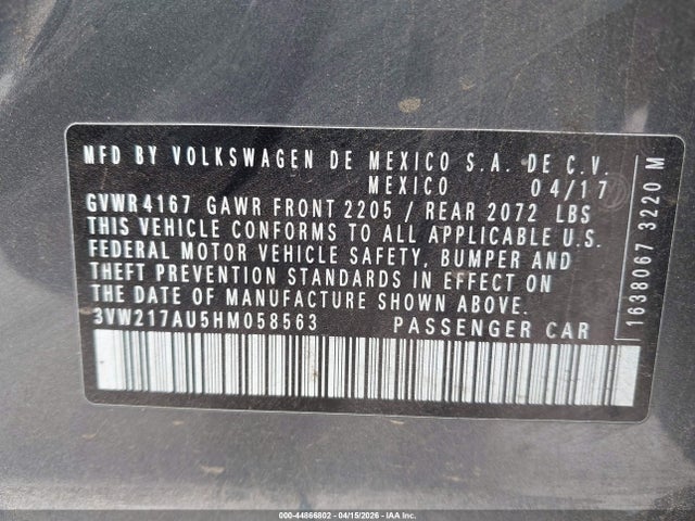 Продаж на аукціоні авто 2017 Volkswagen Golf Tsi S 4-door/tsi Se 4-door/tsi Sel 4-door/tsi Wolfsburg Edition 4-door, vin: 3VW217AU5HM058563, номер лоту: 44866802