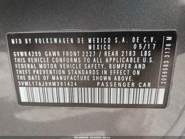 Aukcja sprzedaży 2017 Volkswagen Jetta 1.8t Sel/1.8t Sel Premium, vin: 3VWL17AJ9HM391424, numer aukcji: 44866805