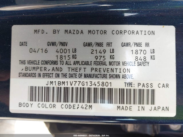 Aukcja sprzedaży 2016 Mazda Mazda3 I Touring, vin: JM1BM1V77G1345801, numer aukcji: 44866831
