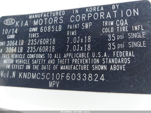 Aukcja sprzedaży 2015 Kia Sedona Ex, vin: KNDMC5C10F6033824, numer aukcji: 44866844
