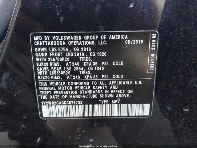 44866850 :رقم المزاد ، 1V2WR2CA3KC576732 vin ، 2019 Volkswagen Atlas 3.6l V6 Se W/technology مزاد بيع