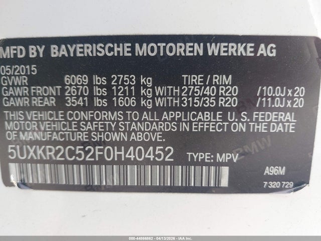 Aukcja sprzedaży 2015 Bmw X5 Sdrive35i, vin: 5UXKR2C52F0H40452, numer aukcji: 44866862