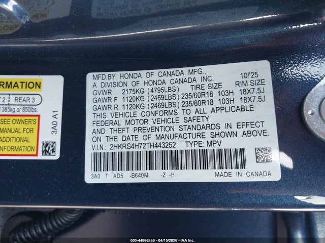 2026 Honda Cr-v Ex-l Awd მანქანა იყიდება აუქციონზე, vin: 2HKRS4H72TH443252, აუქციონის ნომერი: 44866869
