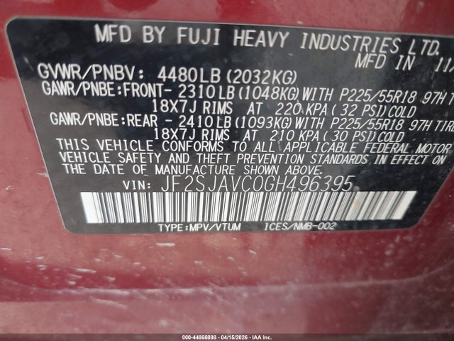Продаж на аукціоні авто 2016 Subaru Forester, vin: JF2SJAVC0GH496395, номер лоту: 44866888