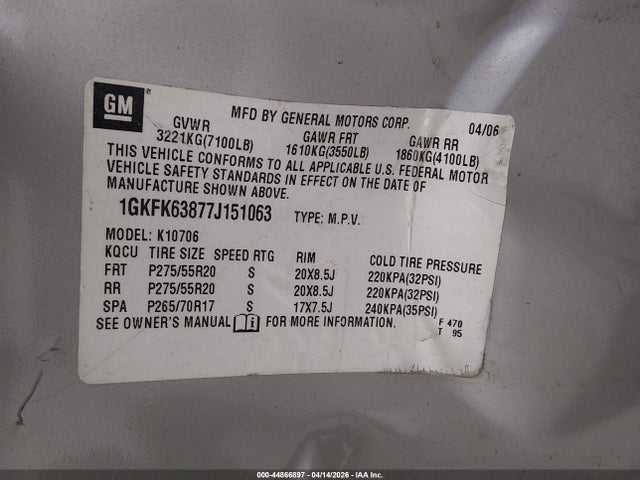 Aukcja sprzedaży 2007 Gmc Yukon Denali, vin: 1GKFK63877J151063, numer aukcji: 44866897