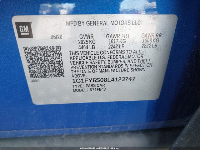 Auction sale of the 2020 Chevrolet Bolt Ev Fwd Lt, vin: 1G1FY6S08L4123747, lot number: 44866898