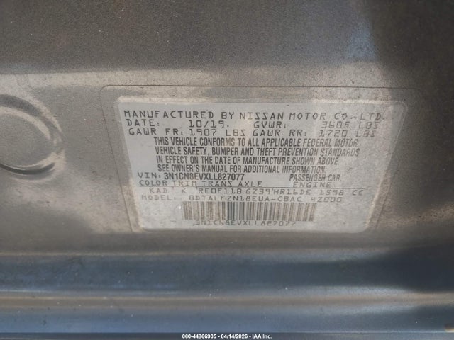 44866905 :رقم المزاد ، 3N1CN8EVXLL827077 vin ، 2020 Nissan Versa Sv Xtronic Cvt مزاد بيع
