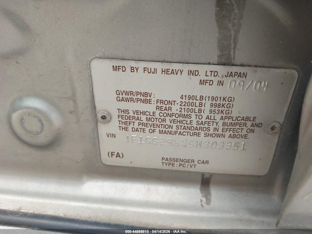 44866910 :رقم المزاد ، JF1GG29685H808351 vin ، 2005 Subaru Impreza Wrx مزاد بيع